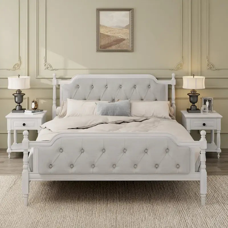 Queen Wood Platform Bed with Tufted Headboard & Handcrafted Design