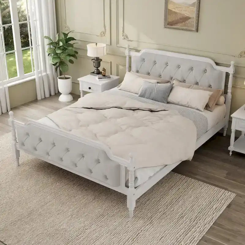Queen Wood Platform Bed with Tufted Headboard & Handcrafted Design