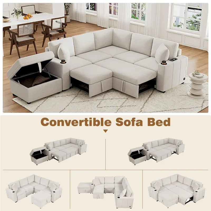 L-shaped Sectional Pull Out Sofa Bed, Recliner Sofa with 2 USB Ports, 2 Power Sockets and Movable Storage Ottoman
