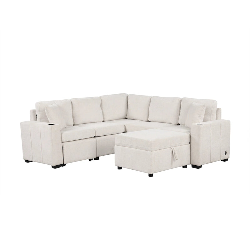 L-shaped Sectional Pull Out Sofa Bed, Recliner Sofa with 2 USB Ports, 2 Power Sockets and Movable Storage Ottoman