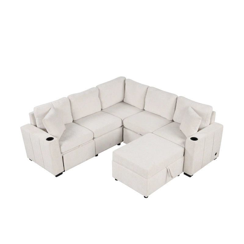 L-shaped Sectional Pull Out Sofa Bed, Recliner Sofa with 2 USB Ports, 2 Power Sockets and Movable Storage Ottoman