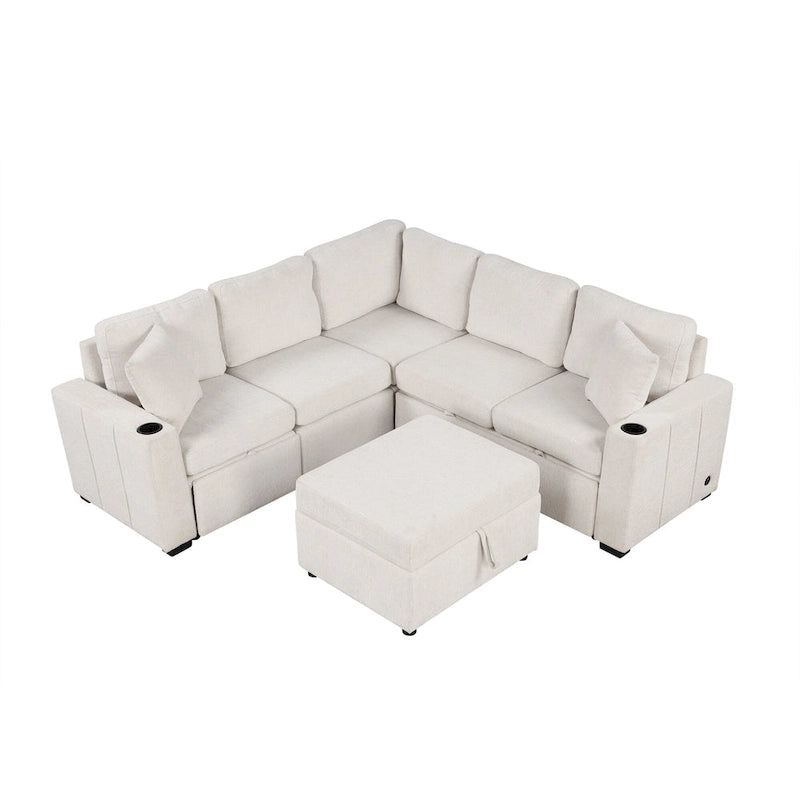 L-shaped Sectional Pull Out Sofa Bed, Recliner Sofa with 2 USB Ports, 2 Power Sockets and Movable Storage Ottoman