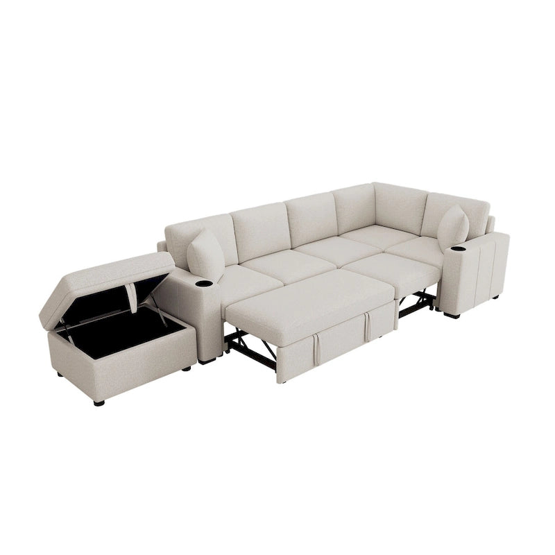L-shaped Sectional Pull Out Sofa Bed, Recliner Sofa with 2 USB Ports, 2 Power Sockets and Movable Storage Ottoman