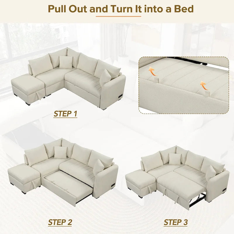 L-shaped Sectional Pull Out Sofa Bed, Recliner Sofa with 2 USB Ports, 2 Power Sockets and Movable Storage Ottoman