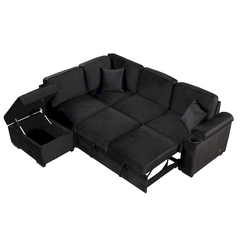 L-shaped Sectional Pull Out Sofa Bed, Recliner Sofa with 2 USB Ports, 2 Power Sockets and Movable Storage Ottoman