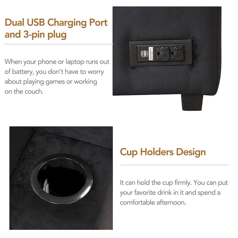 L-shaped Sectional Pull Out Sofa Bed, Recliner Sofa with 2 USB Ports, 2 Power Sockets and Movable Storage Ottoman