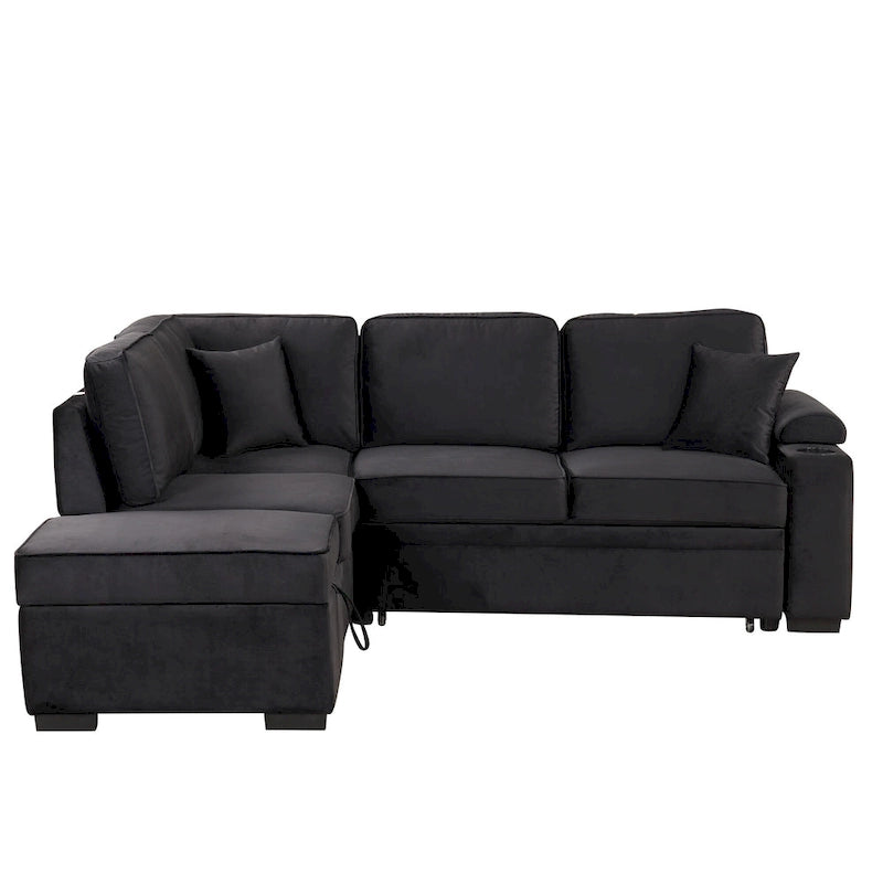 L-shaped Sectional Pull Out Sofa Bed, Recliner Sofa with 2 USB Ports, 2 Power Sockets and Movable Storage Ottoman
