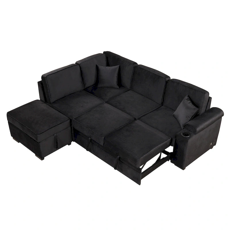 L-shaped Sectional Pull Out Sofa Bed, Recliner Sofa with 2 USB Ports, 2 Power Sockets and Movable Storage Ottoman