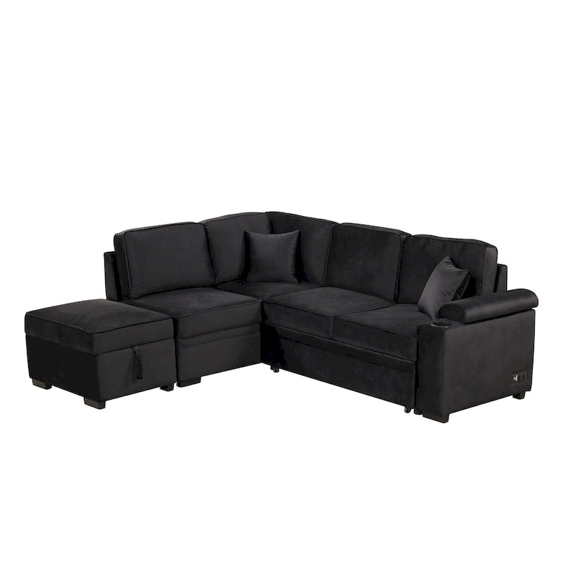 L-shaped Sectional Pull Out Sofa Bed, Recliner Sofa with 2 USB Ports, 2 Power Sockets and Movable Storage Ottoman