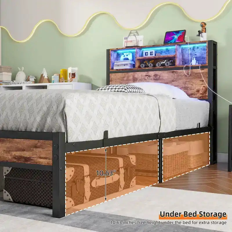 Twin Size Bed Frame with Storage Headboard, Metal Platform Bed with Charging Station, Bookcase Storage, No Box Spring Needed