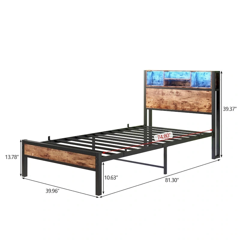 Twin Size Bed Frame with Storage Headboard, Metal Platform Bed with Charging Station, Bookcase Storage, No Box Spring Needed