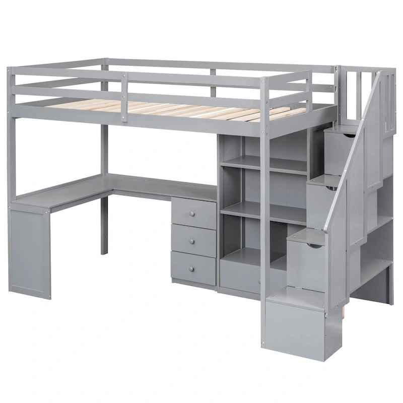 Twin Size Loft Bed w/L-Shaped Desk,Drawers,Cabinet,Storage Staircase
