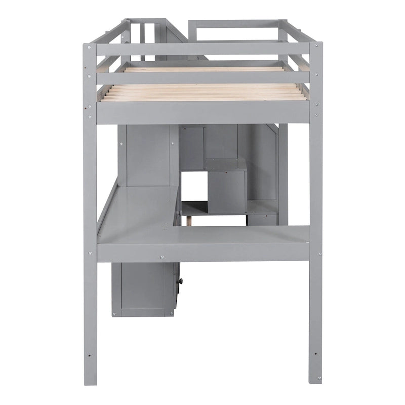 Twin Size Loft Bed w/L-Shaped Desk,Drawers,Cabinet,Storage Staircase