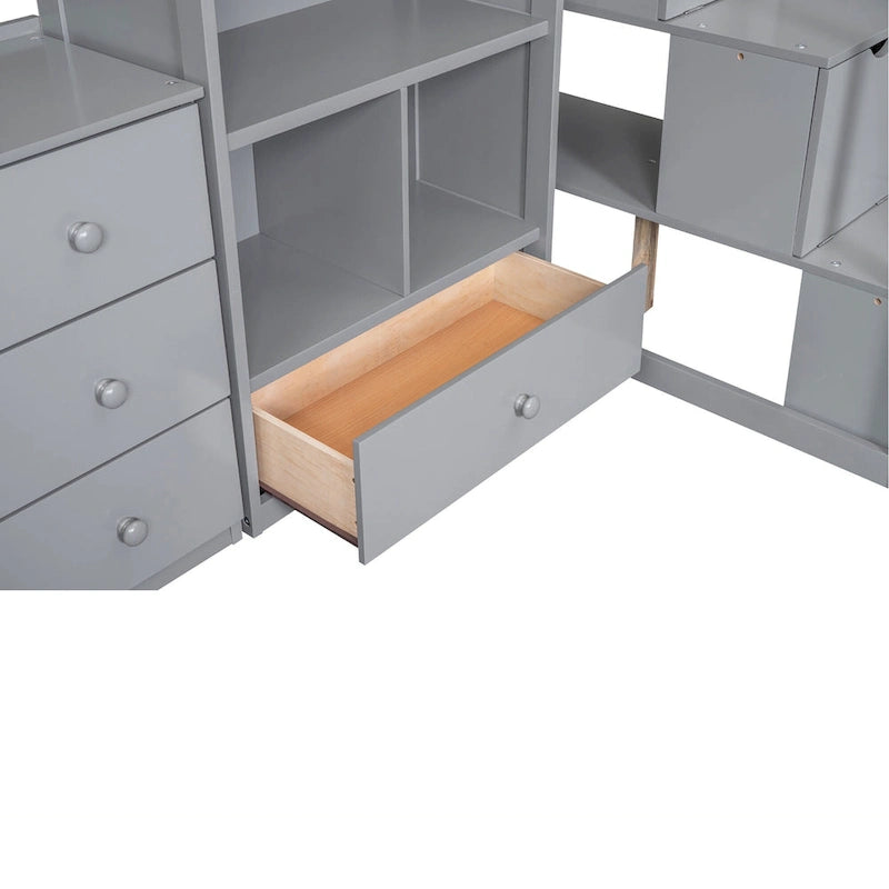 Twin Size Loft Bed w/L-Shaped Desk,Drawers,Cabinet,Storage Staircase