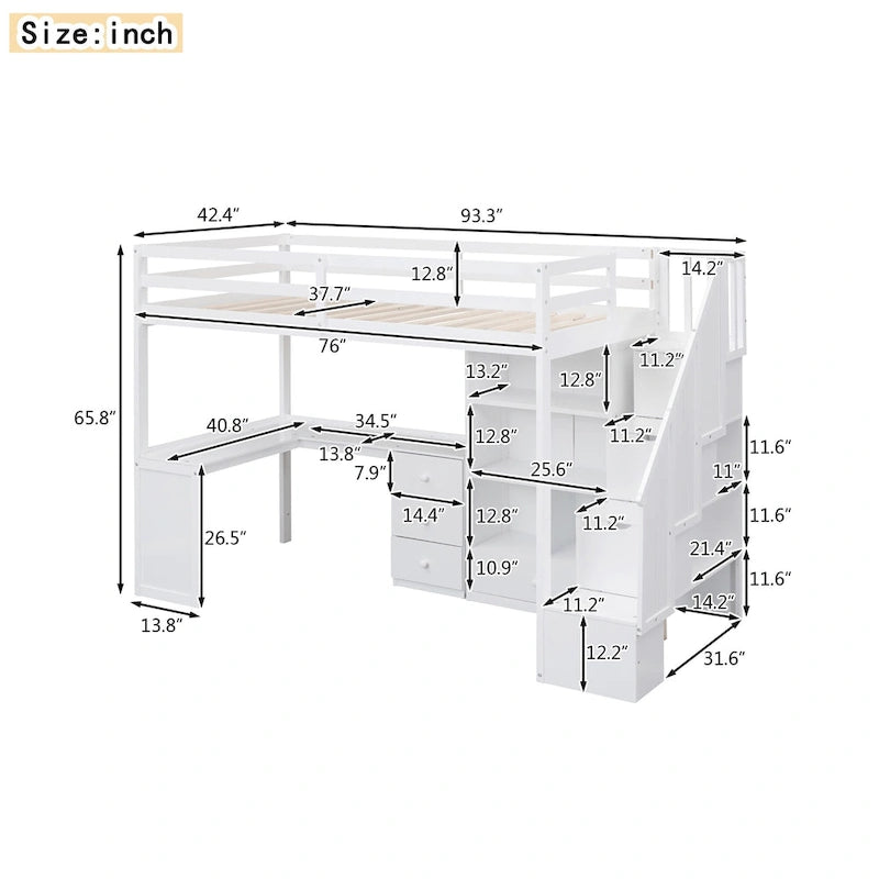 Twin Size Loft Bed w/L-Shaped Desk,Drawers,Cabinet,Storage Staircase