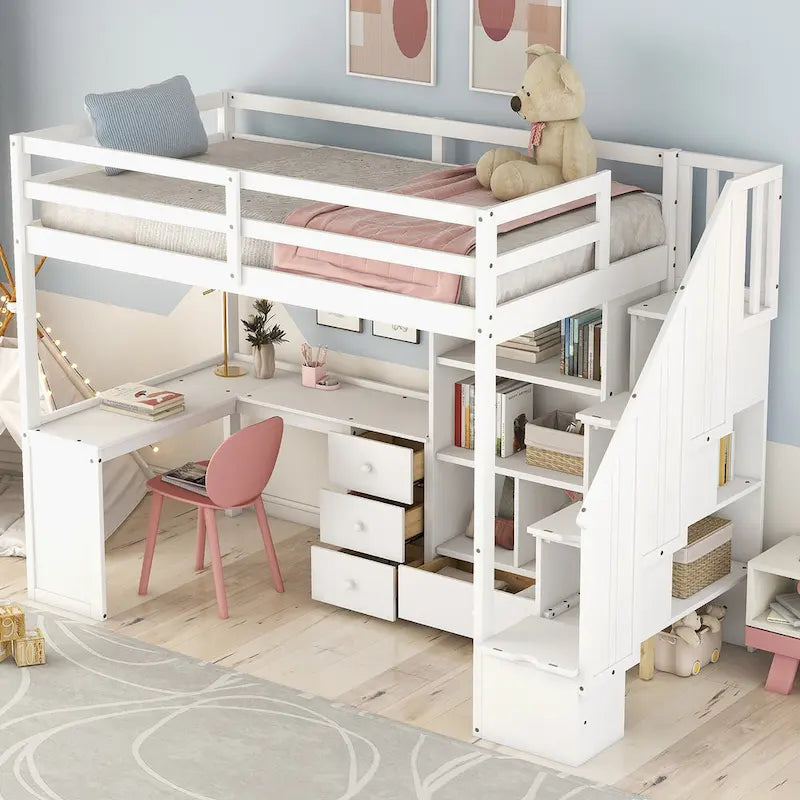 Twin Size Loft Bed w/L-Shaped Desk,Drawers,Cabinet,Storage Staircase
