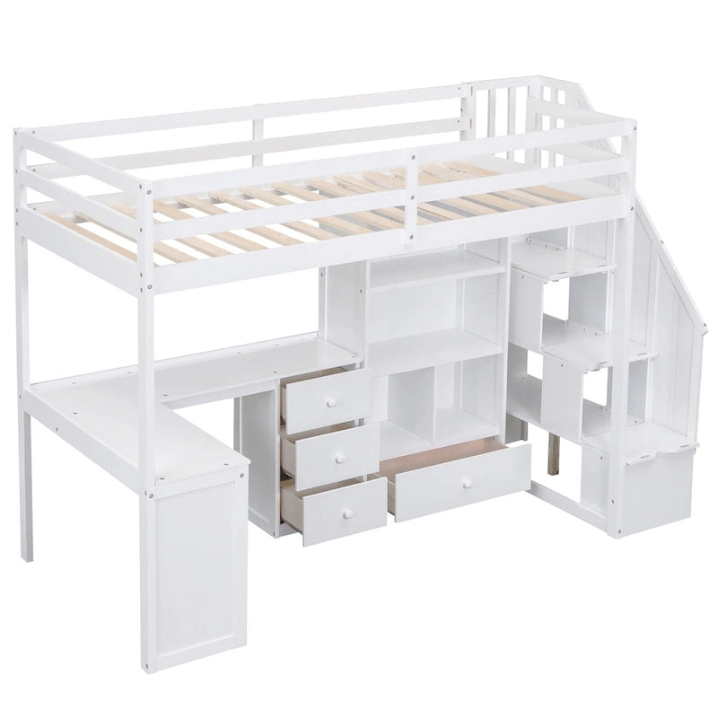 Twin Size Loft Bed w/L-Shaped Desk,Drawers,Cabinet,Storage Staircase