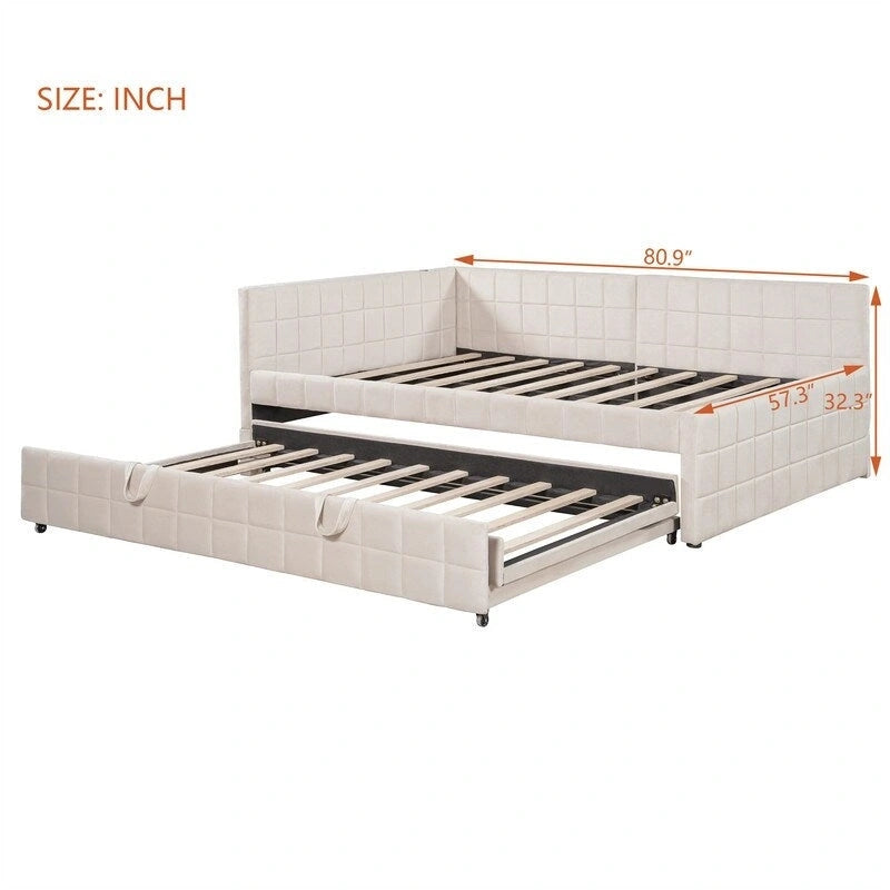 Full Size Upholstered Daybed with Twin Size Pop Up Trundle and USB Ports, Modern Daybed Frame Sofa Bed with L-Shaped Backrest