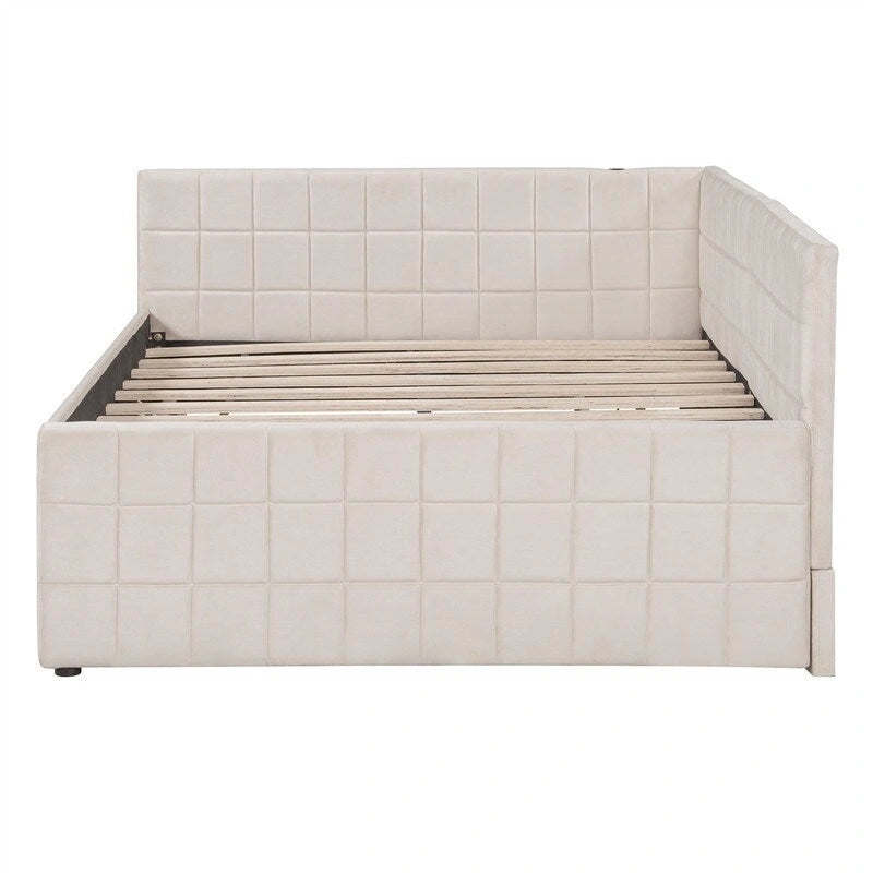 Full Size Upholstered Daybed with Twin Size Pop Up Trundle and USB Ports, Modern Daybed Frame Sofa Bed with L-Shaped Backrest