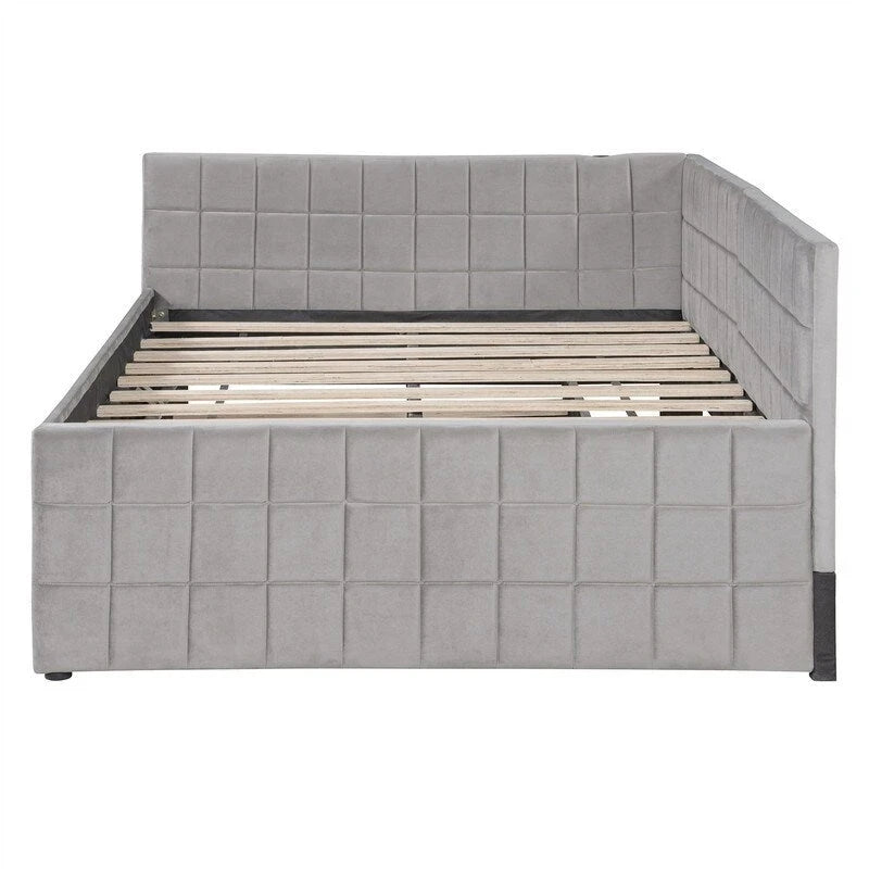 Full Size Upholstered Daybed with Twin Size Pop Up Trundle and USB Ports, Modern Daybed Frame Sofa Bed with L-Shaped Backrest