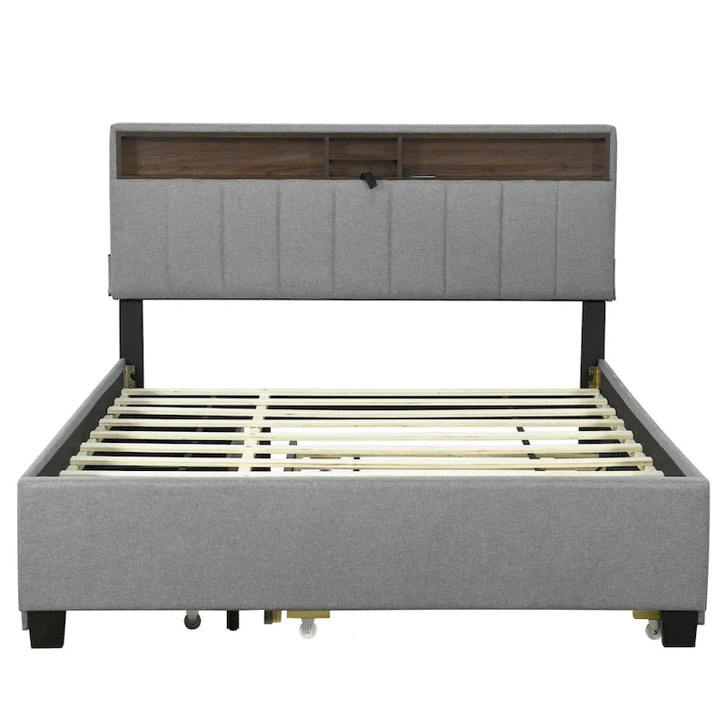 Queen Size Upholstered Platform Bed w/ Storage Headboard, Twin XL Size Trundle & 2 Drawers & USB Ports, Linen Fabric, Gray