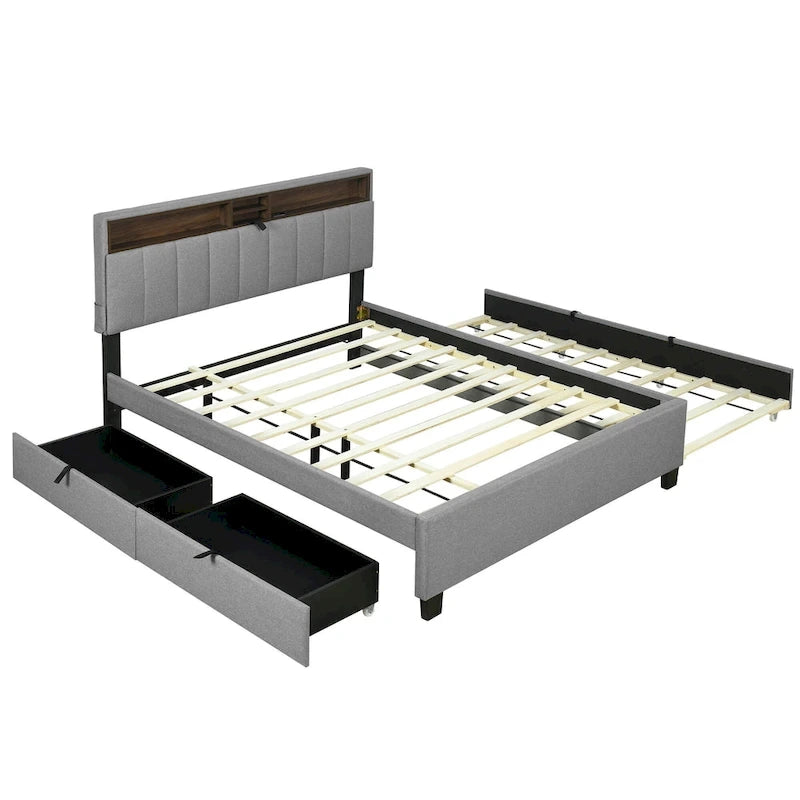Queen Size Upholstered Platform Bed w/ Storage Headboard, Twin XL Size Trundle & 2 Drawers & USB Ports, Linen Fabric, Gray