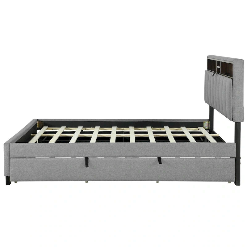 Queen Size Upholstered Platform Bed w/ Storage Headboard, Twin XL Size Trundle & 2 Drawers & USB Ports, Linen Fabric, Gray