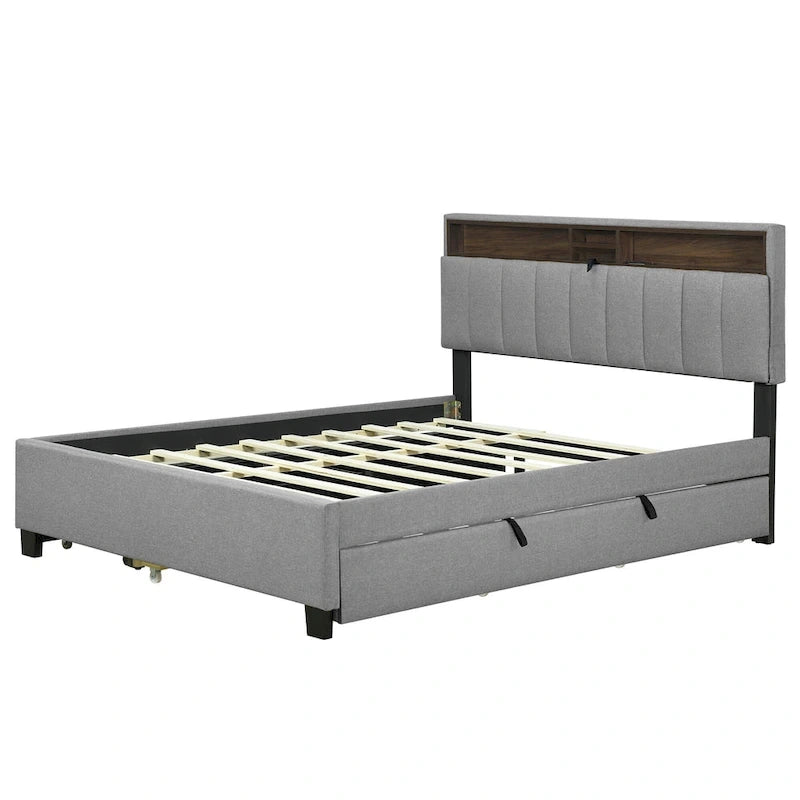 Queen Size Upholstered Platform Bed w/ Storage Headboard, Twin XL Size Trundle & 2 Drawers & USB Ports, Linen Fabric, Gray