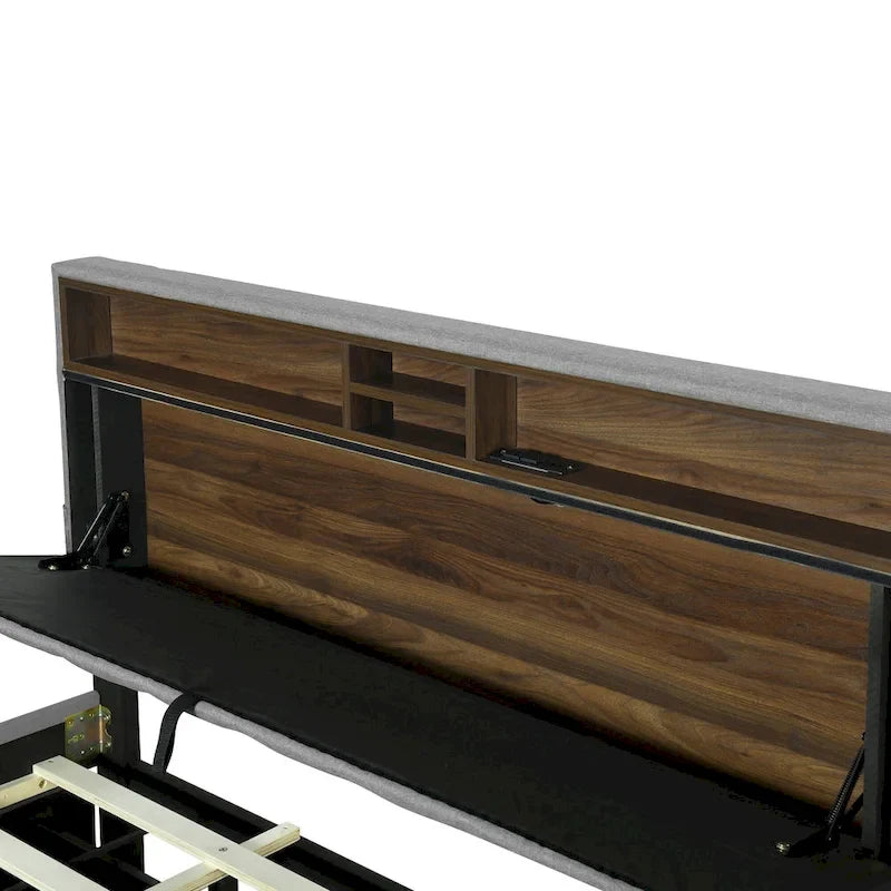 Queen Size Upholstered Platform Bed w/ Storage Headboard, Twin XL Size Trundle & 2 Drawers & USB Ports, Linen Fabric, Gray