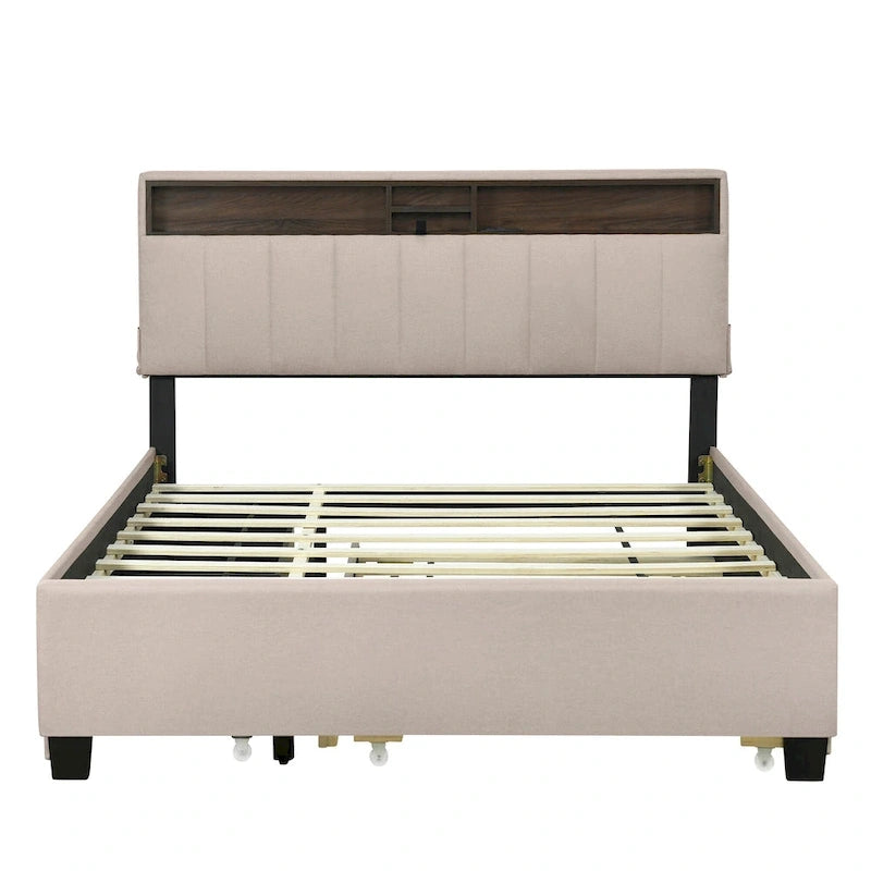 Queen Size Upholstered Platform Bed w/ Storage Headboard, Twin XL Size Trundle & 2 Drawers & USB Ports, Linen Fabric, Gray