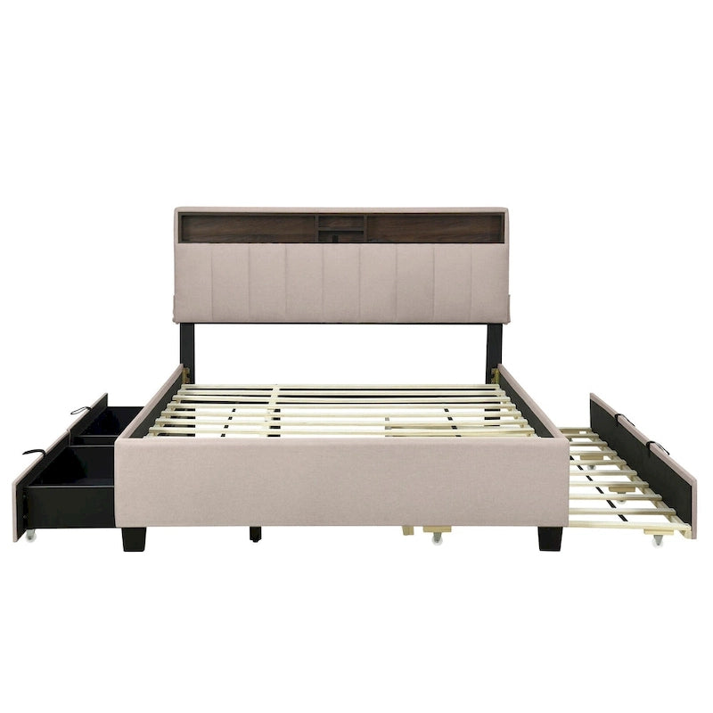 Queen Size Upholstered Platform Bed w/ Storage Headboard, Twin XL Size Trundle & 2 Drawers & USB Ports, Linen Fabric, Gray