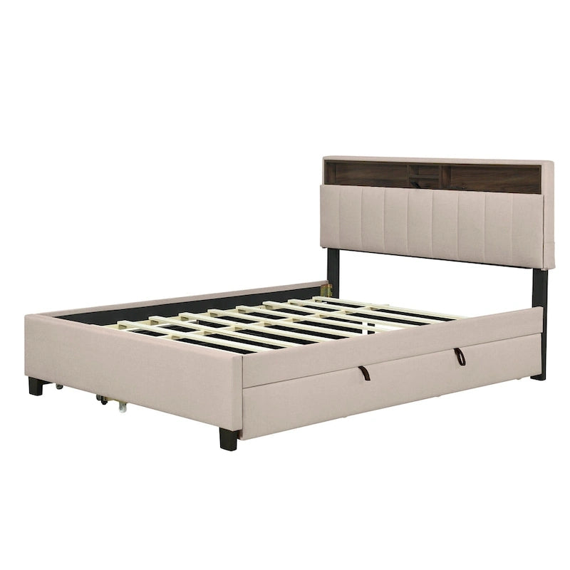 Queen Size Upholstered Platform Bed w/ Storage Headboard, Twin XL Size Trundle & 2 Drawers & USB Ports, Linen Fabric, Gray
