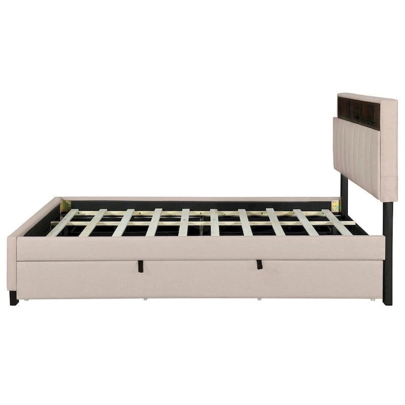 Queen Size Upholstered Platform Bed w/ Storage Headboard, Twin XL Size Trundle & 2 Drawers & USB Ports, Linen Fabric, Gray