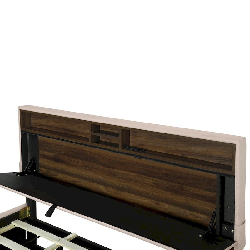 Queen Size Upholstered Platform Bed w/ Storage Headboard, Twin XL Size Trundle & 2 Drawers & USB Ports, Linen Fabric, Gray