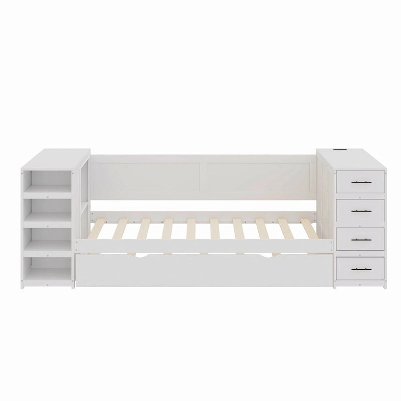 Wooden Twin Size Daybed with Trundle, Side Shelf and Drawers, Storage Bed with Desk and Charging Station for Bedroom, Guest Room