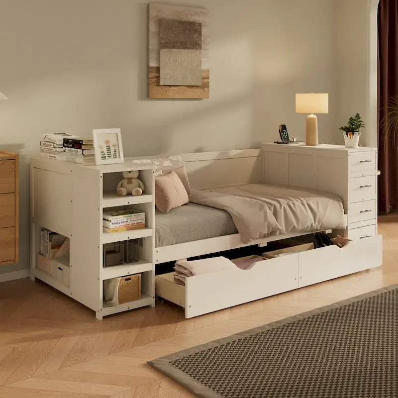 Wooden Twin Size Daybed with Trundle, Side Shelf and Drawers, Storage Bed with Desk and Charging Station for Bedroom, Guest Room
