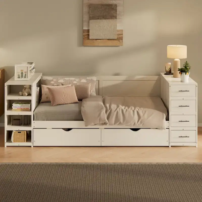 Wooden Twin Size Daybed with Trundle, Side Shelf and Drawers, Storage Bed with Desk and Charging Station for Bedroom, Guest Room