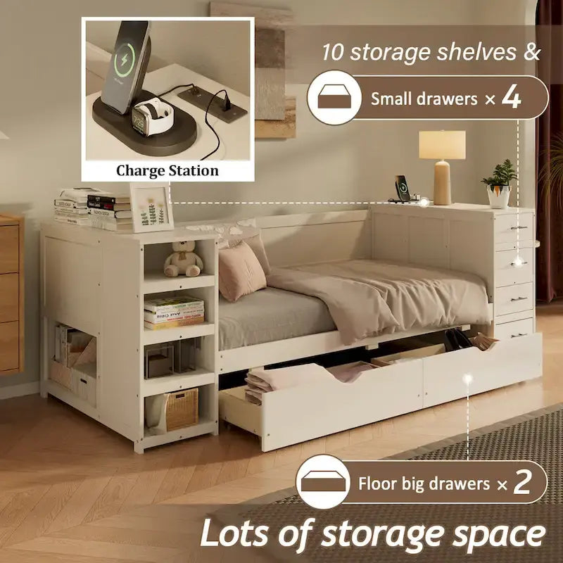 Wooden Twin Size Daybed with Trundle, Side Shelf and Drawers, Storage Bed with Desk and Charging Station for Bedroom, Guest Room