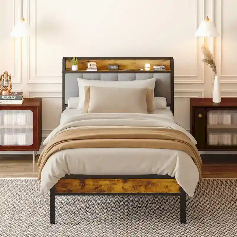 Twin/Full/Queen/King Platform Bed Frame, Metal Bed Frame with Storage Headboard