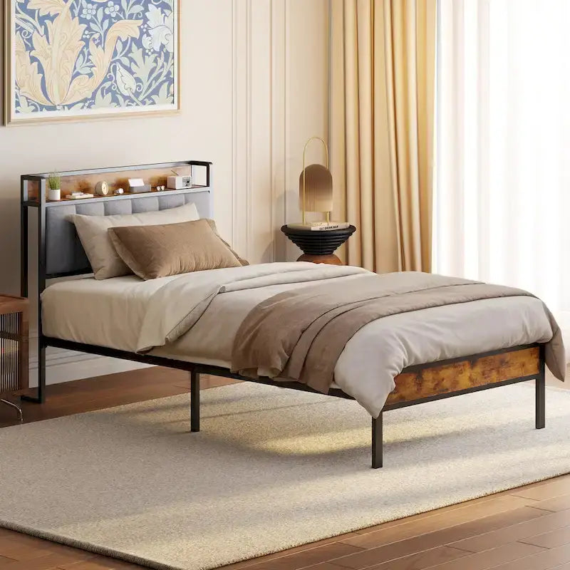 Twin/Full/Queen/King Platform Bed Frame, Metal Bed Frame with Storage Headboard