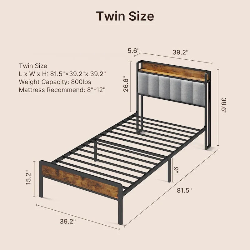 Twin/Full/Queen/King Platform Bed Frame, Metal Bed Frame with Storage Headboard