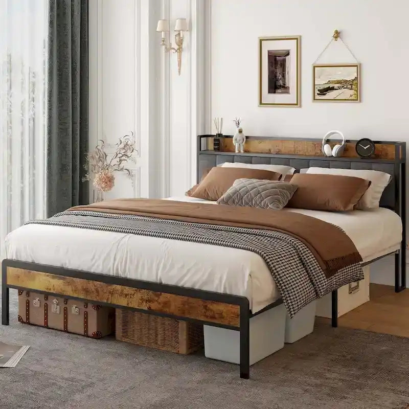 Twin/Full/Queen/King Platform Bed Frame, Metal Bed Frame with Storage Headboard
