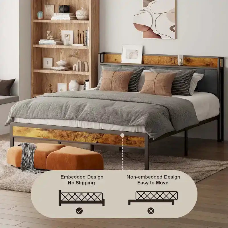Twin/Full/Queen/King Platform Bed Frame, Metal Bed Frame with Storage Headboard