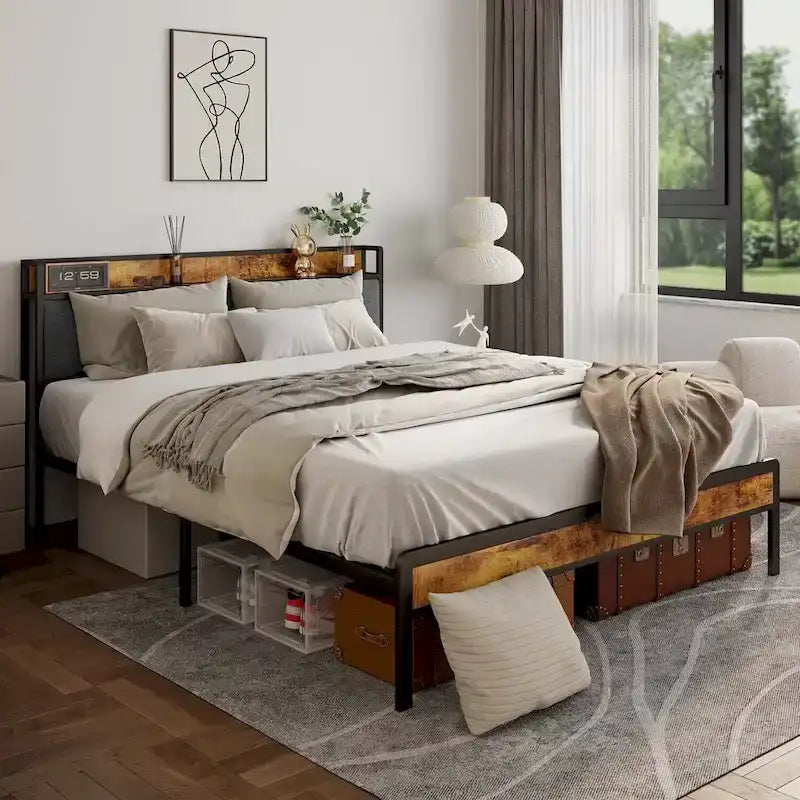 Twin/Full/Queen/King Platform Bed Frame, Metal Bed Frame with Storage Headboard