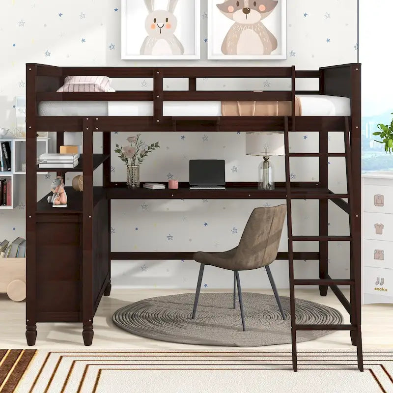 Full Size Loft Bed with Drawers and Desk, Wooden Loft Bed with Shelves - White