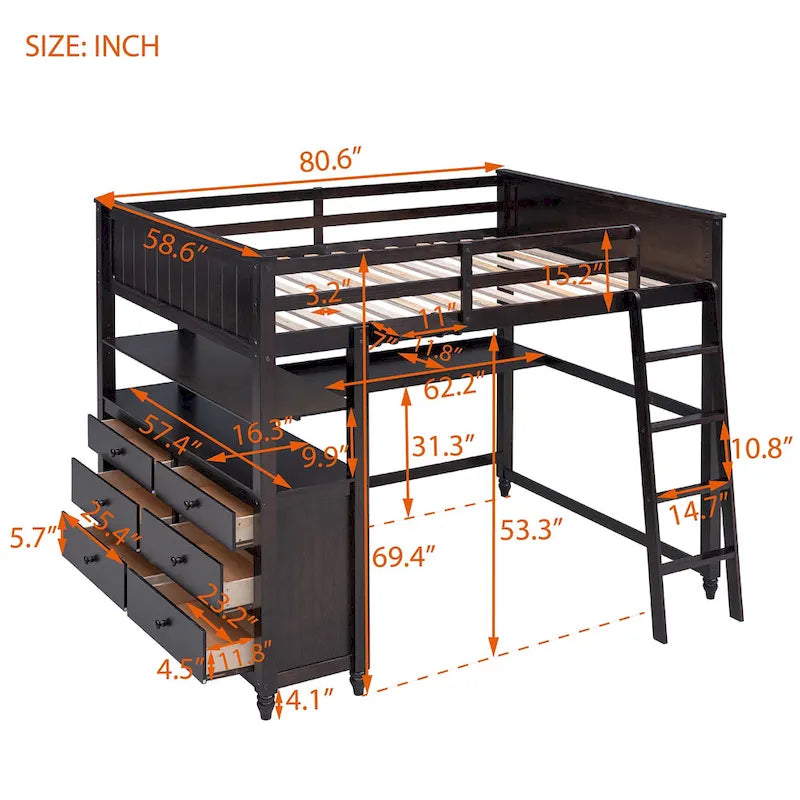 Full Size Loft Bed with Drawers and Desk, Wooden Loft Bed with Shelves - White