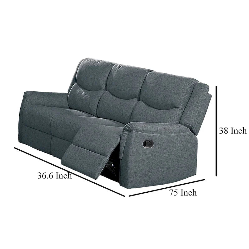 Ammy Manual Recliner Sofa, Pillow Arms, 75in Wood, Gray Faux Burlap