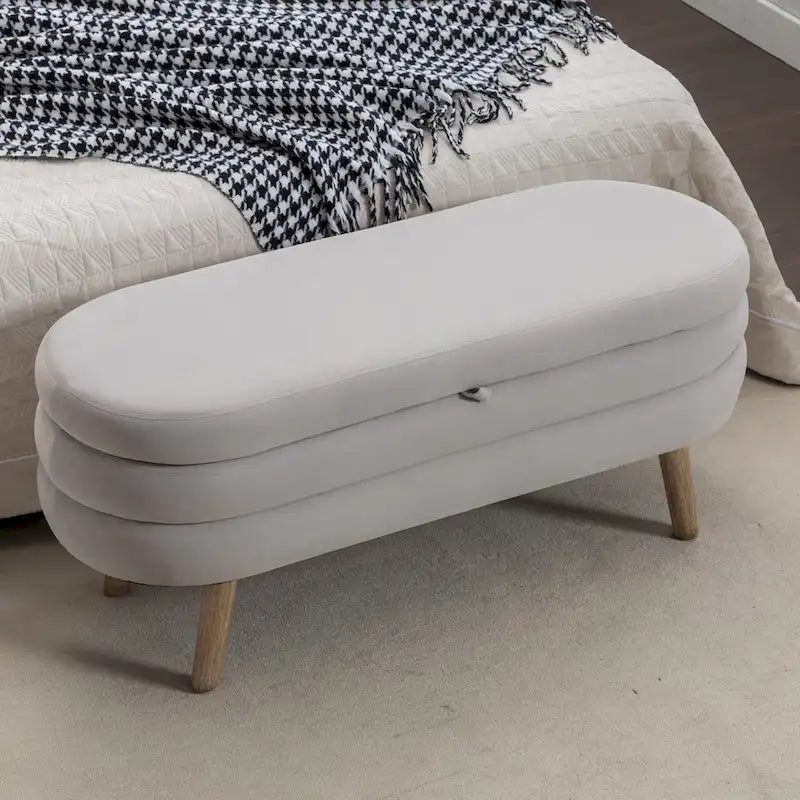 Storage Ottoman Bench with Wood Legs,Oval End of Bed Bench Indoor Ottoman W/Adjustable Foot Nails for Living Room
