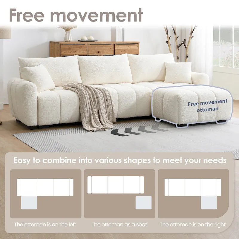 100 L-Shaped Sofa Boucle Fabric Couch with Movable Ottoman