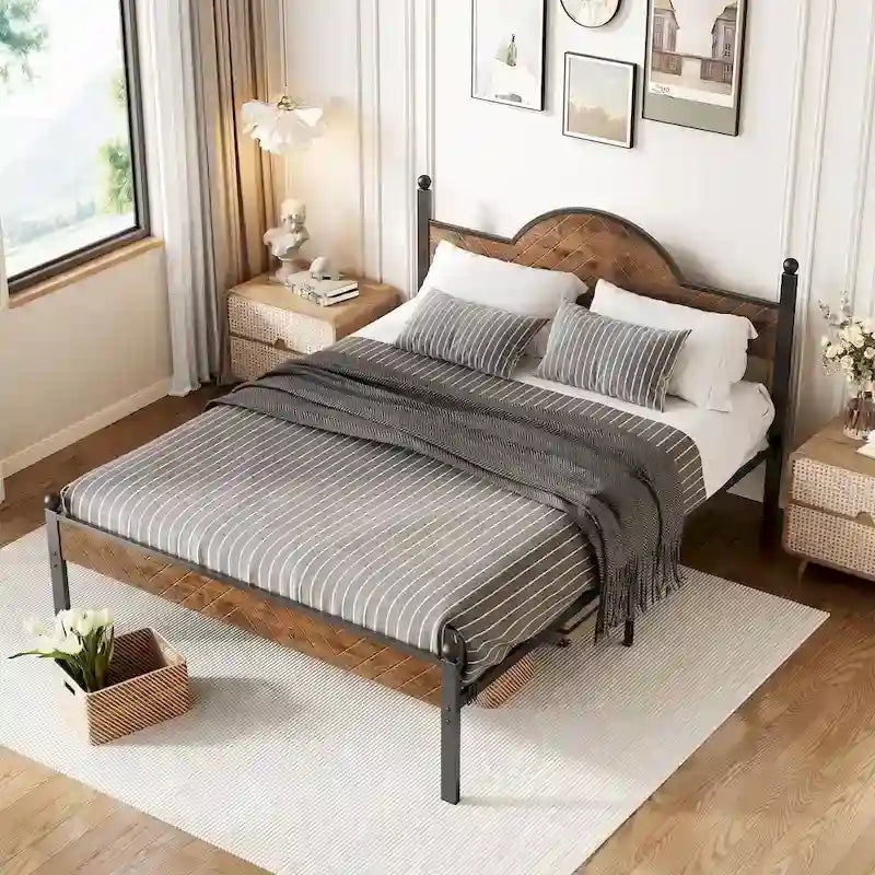 Queen Size Rustic Platform Bed Frame with Wood Headboard and Footboard